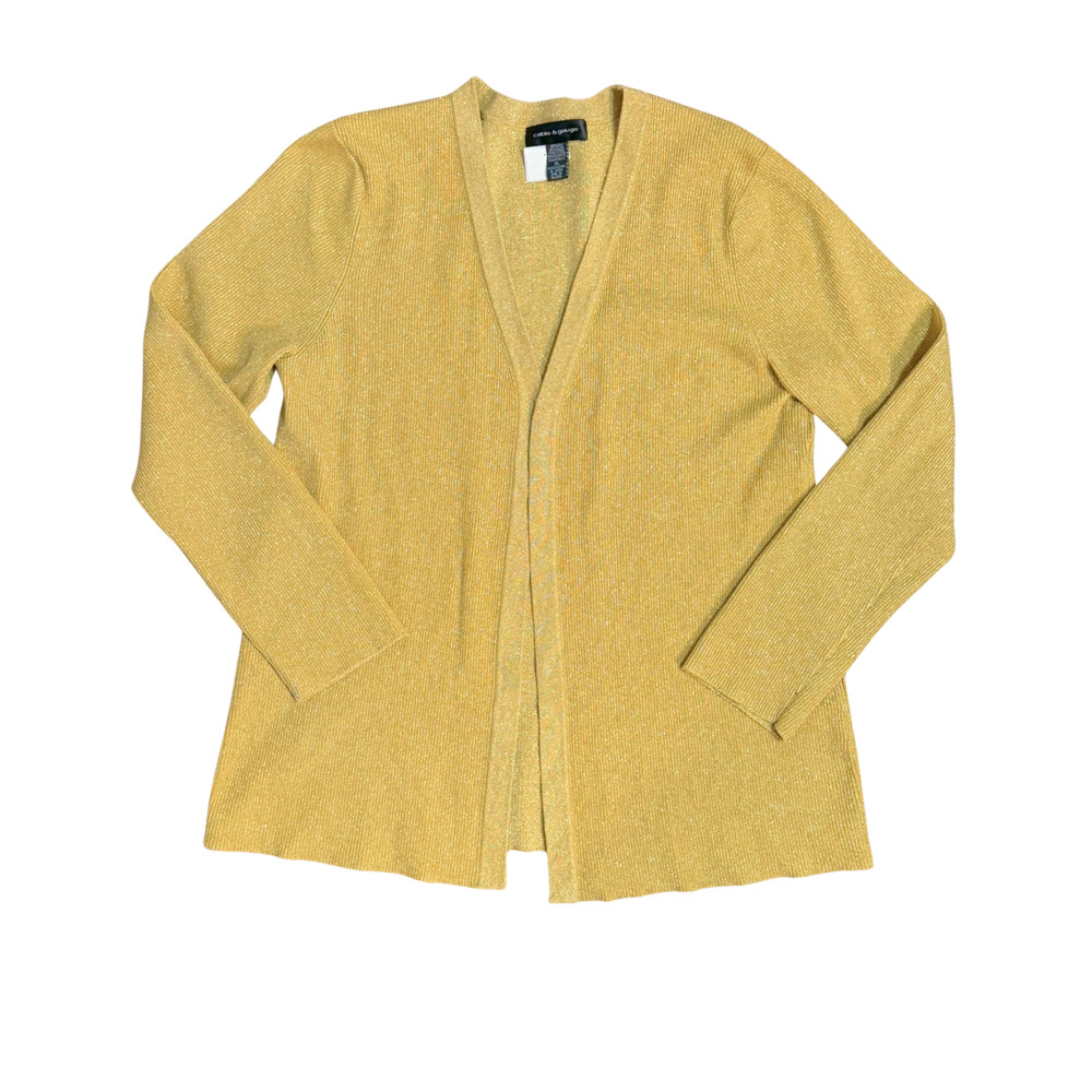 Cable & Gauge Sz XL Long Open Front Cardigan Silk-Blend Knit Metallic Gold